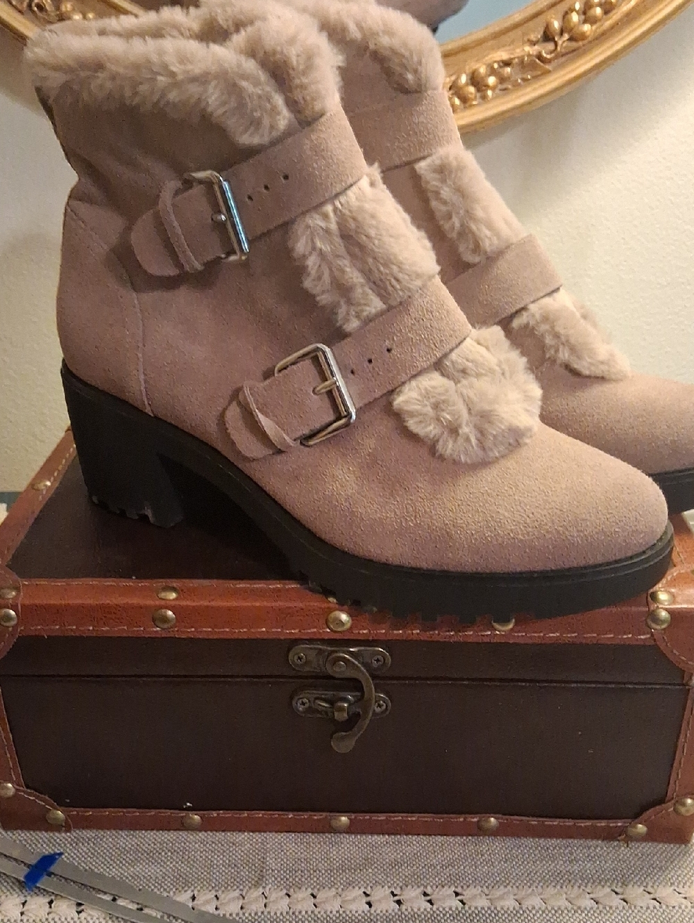Suede Tan Fur-Trim Ankle Boots with Buckles